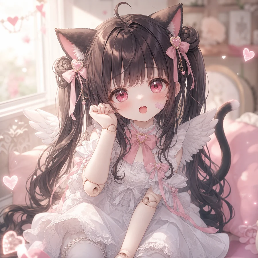 咪子：黑色双丸子头、猫耳、粉色眼睛，穿白色洛丽塔裙的猫耳人偶少女